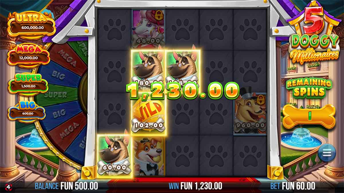 5 Doggy Millionaires Dream Drop slot game by 4ThePlayer, showing Win of 1,230