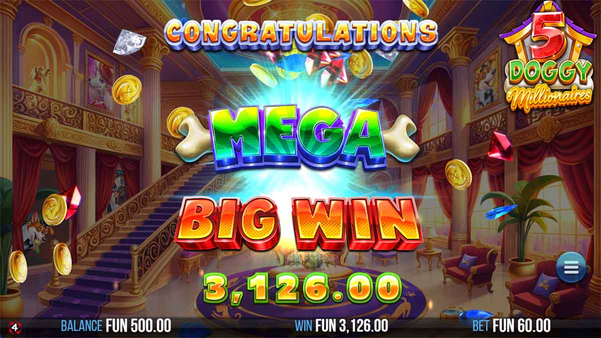 5 Doggy Millionaires Dream Drop slot game by 4ThePlayer, showing Mega Big Win 3,126