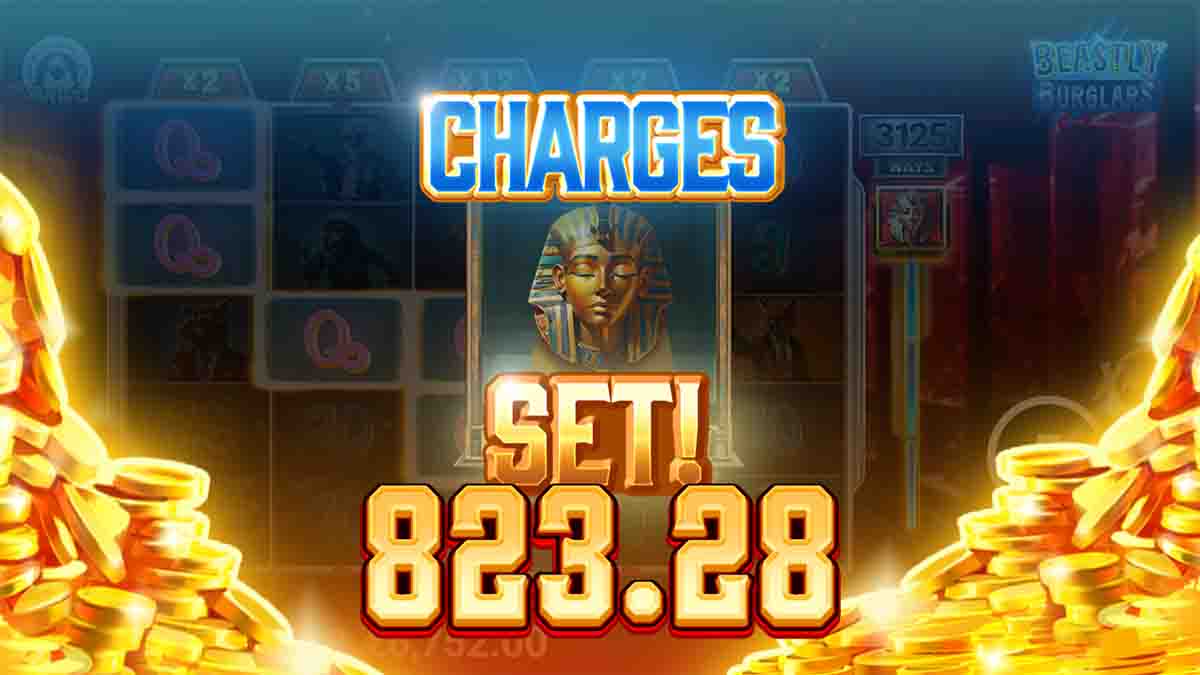 Beasty Burglars slot game by AvatarUX, Charges set 823 win