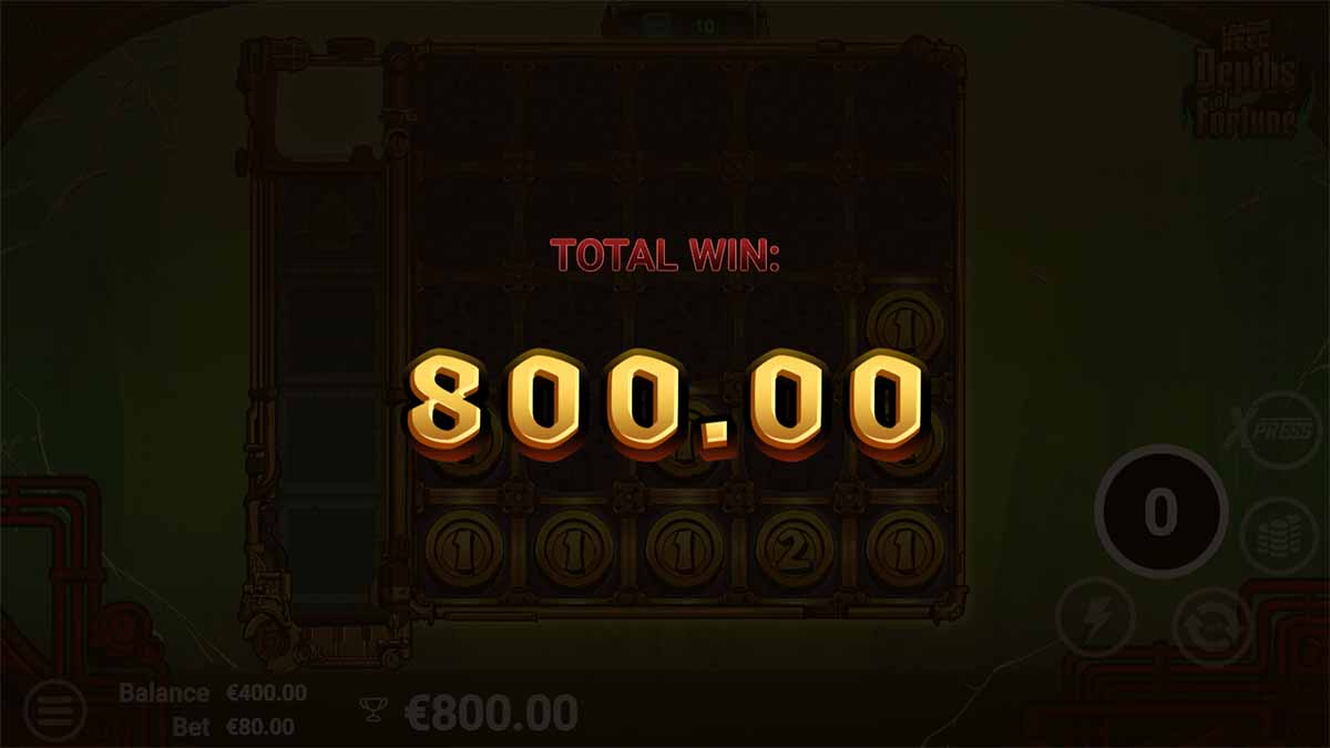 Depths of Fortune slot game by AvatarUX, showing Total Win of 800.00