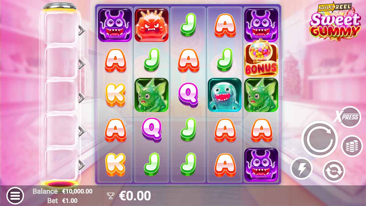 Sweet Gummy slot game by AvatarUX showing Base Game view