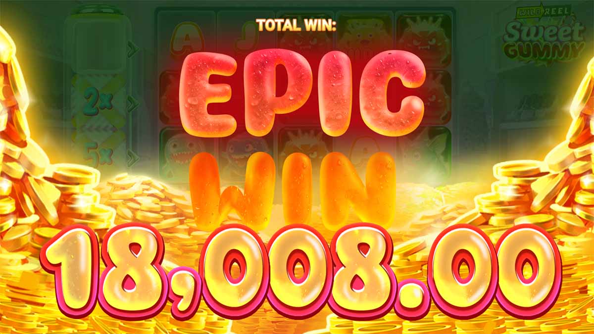 Sweet Gummy slot game by AvatarUX showing Total Win of €18,008