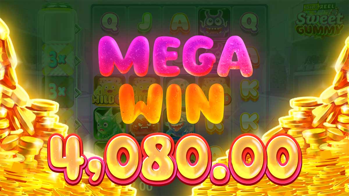 Sweet Gummy slot game by AvatarUX showing Mega Win of €4,080