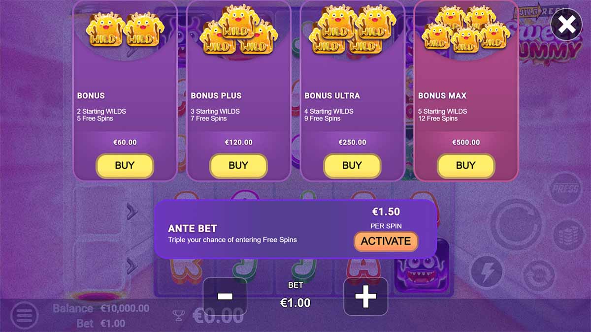 Sweet Gummy slot game by AvatarUX featuring Buy Bonus feature