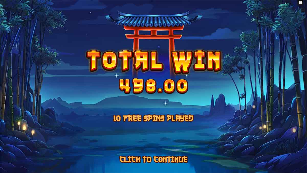 Shadow Strike slot game by Backseat Gaming, showing Total Win of 498.00 from 10 Free Spins