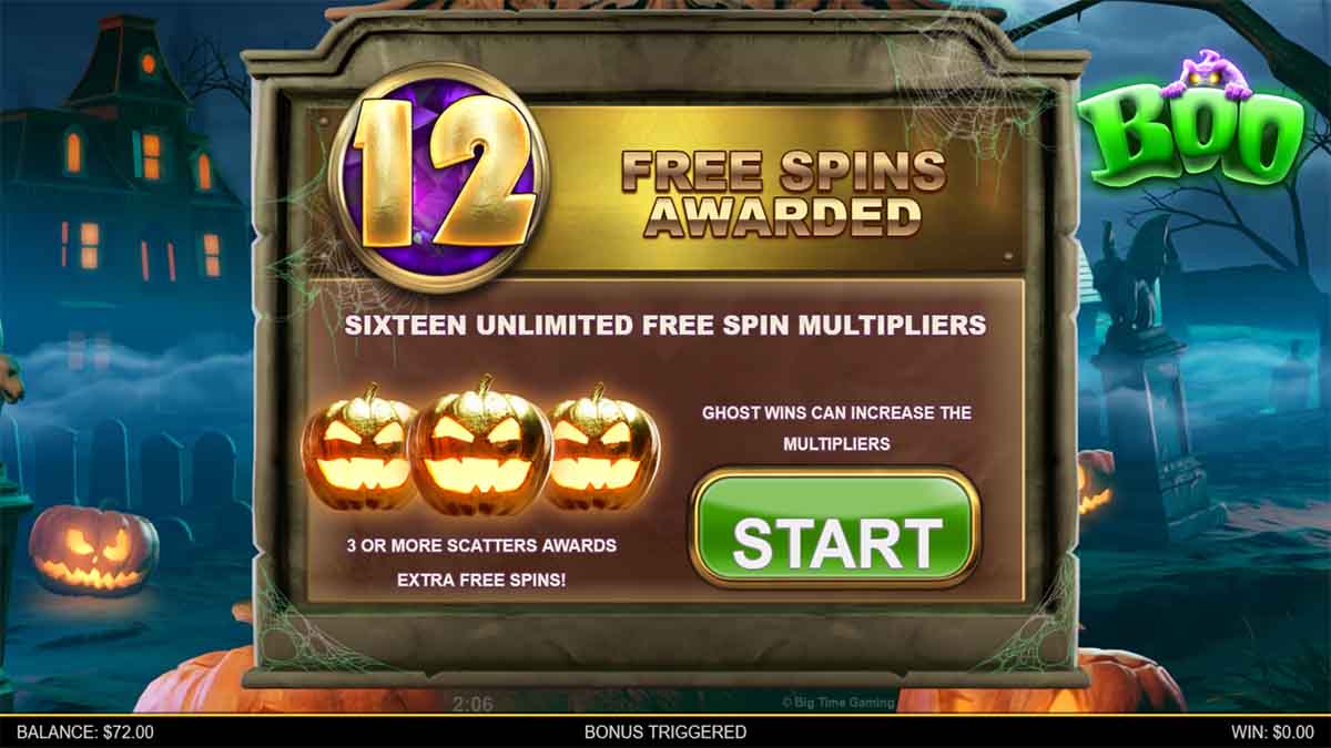 Boo slot game by Big Time Gaming, 12 free spins