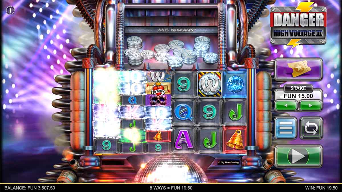 Danger High Voltage 2 slot game by Big Time Gaming, showing Win of 19.50