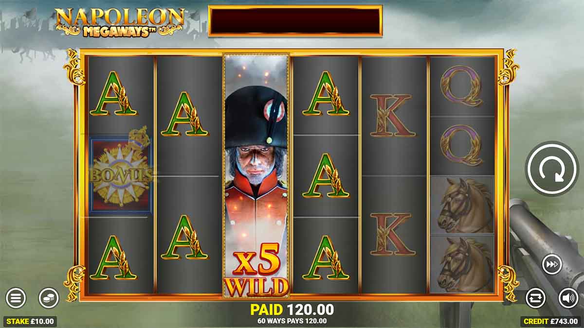 Napoleon Megaways slot game by Blueprint Gaming, showing Win of 120.00