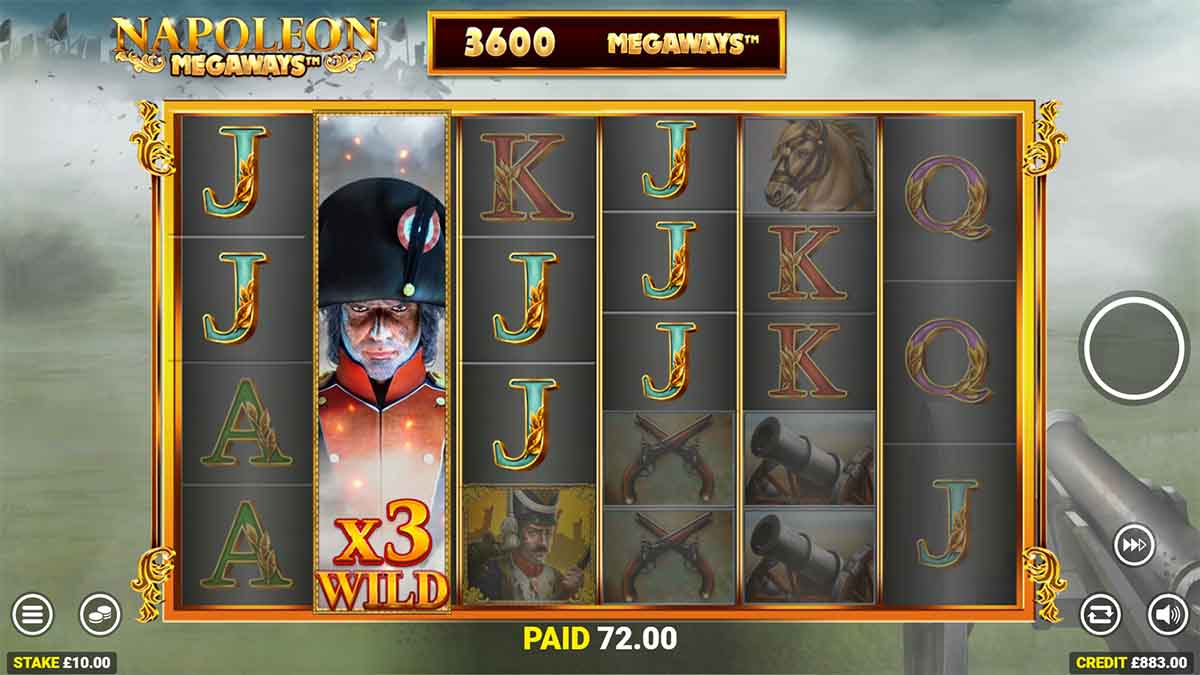 Napoleon Megaways slot game by Blueprint Gaming, showing Win of 72.00