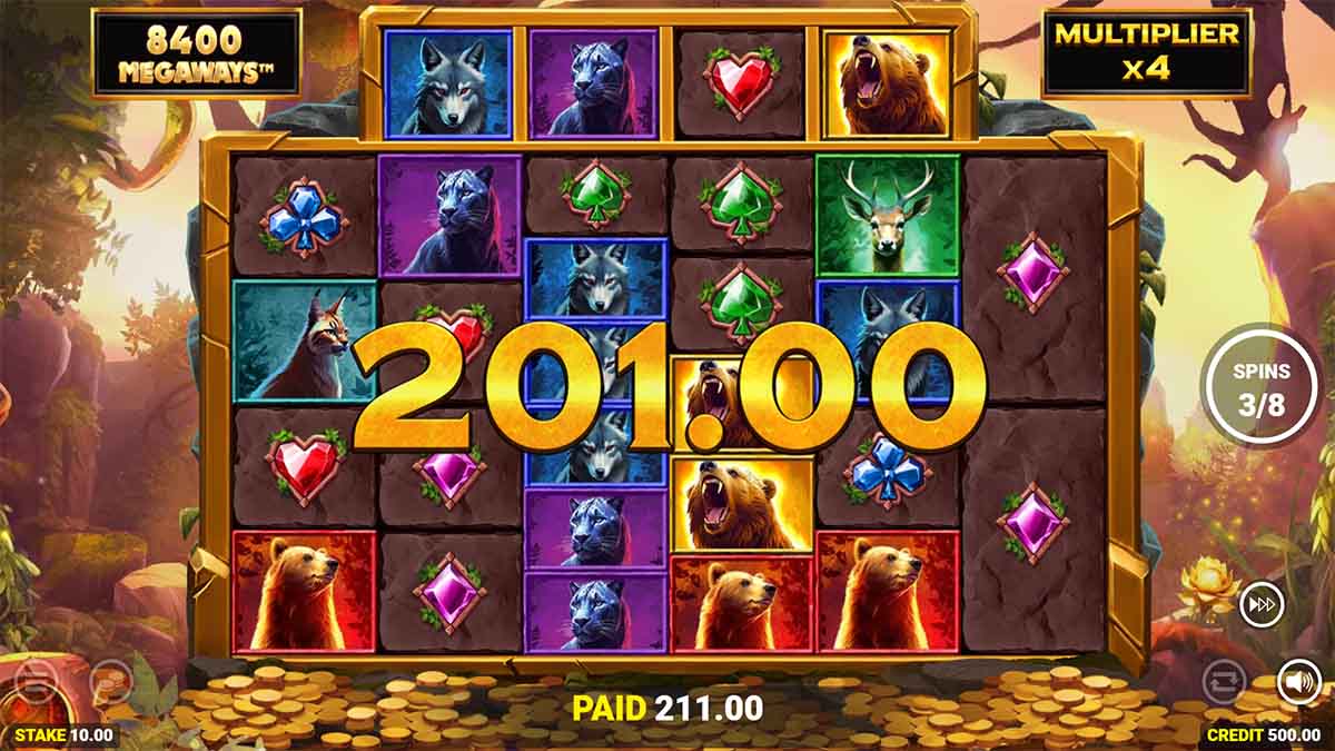 Almighty Bear Megaways slot game by Blueprint Gamin, showing Win of 201.00