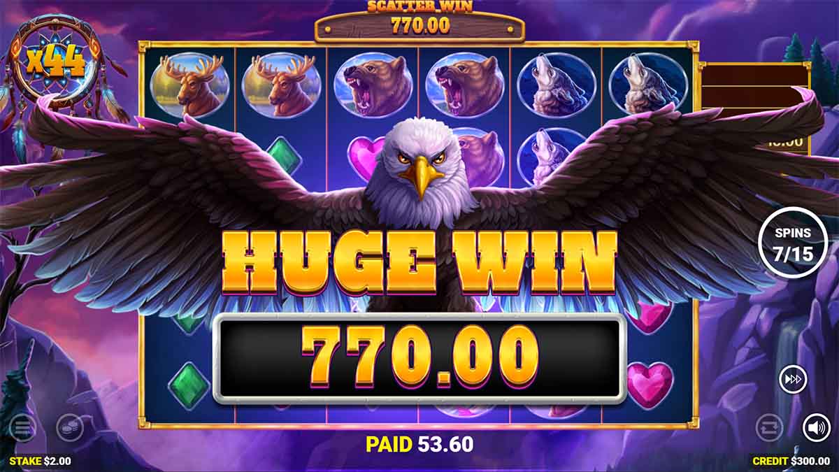 Eagle Storm slot game by Bluepring Gaming showing huge win of 770