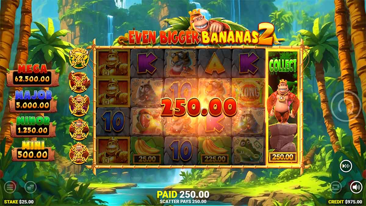 King Kong Cash Even Bigger Bananas 2 slot game by Blueprint Gaming, showing Win of 250.00