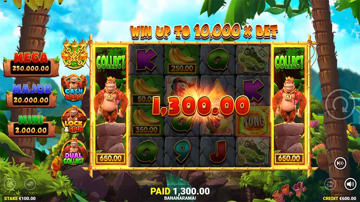 King Kong Cash Even Bigger Bananas slot game by Blueprint Gaming, showing Win of 1,300