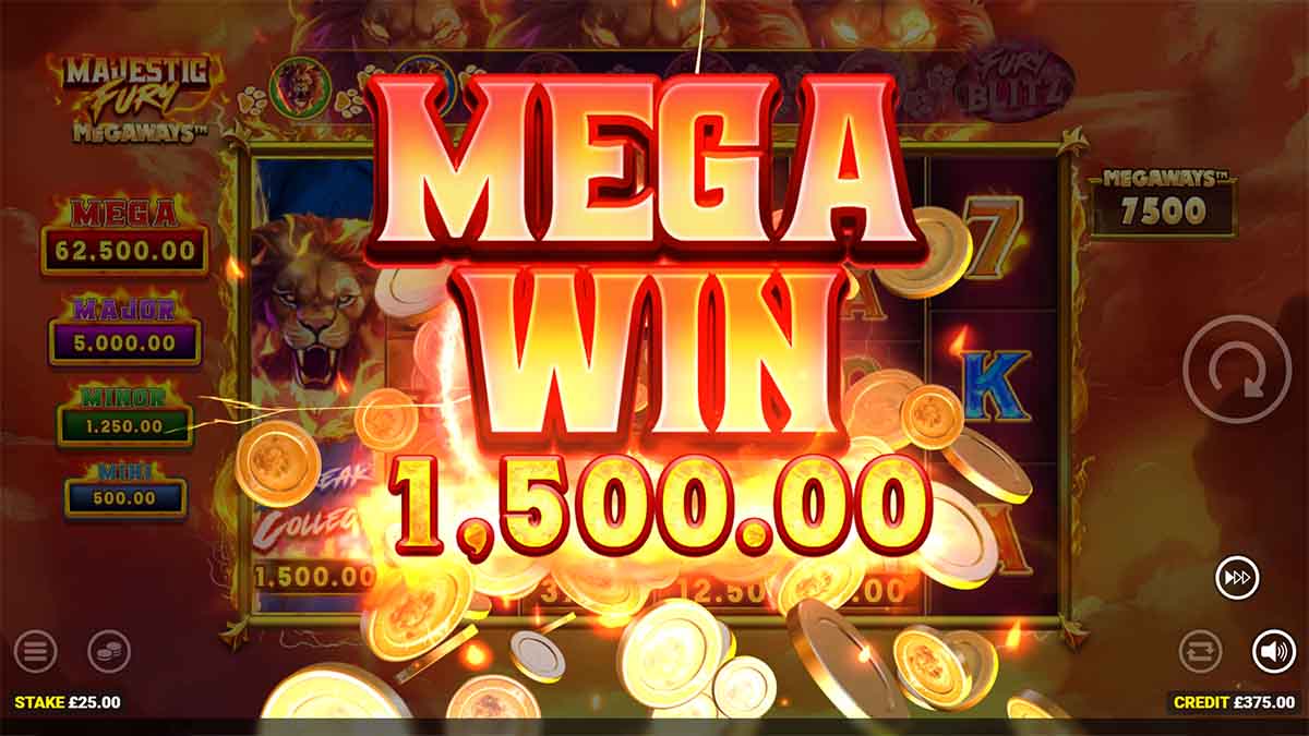 Majestic Fury Megaways slot game by Bluepring Gaming showing Mega Win of 1500