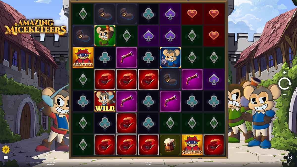 Amazing Miceketeers slot game by Bullshark Games, Base Game view