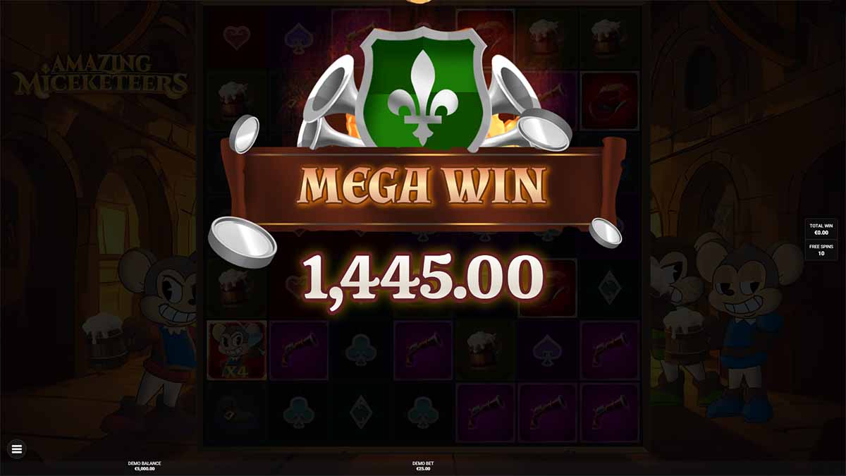 Amazing Miceketeers slot game by Bullshark Games, showing Win of 1,445.jpg