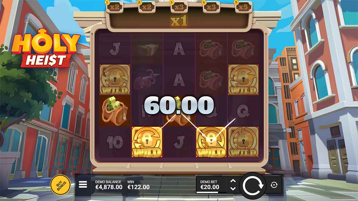 Holy Heist slot game by Bullshark Games, showing Win of 122.00