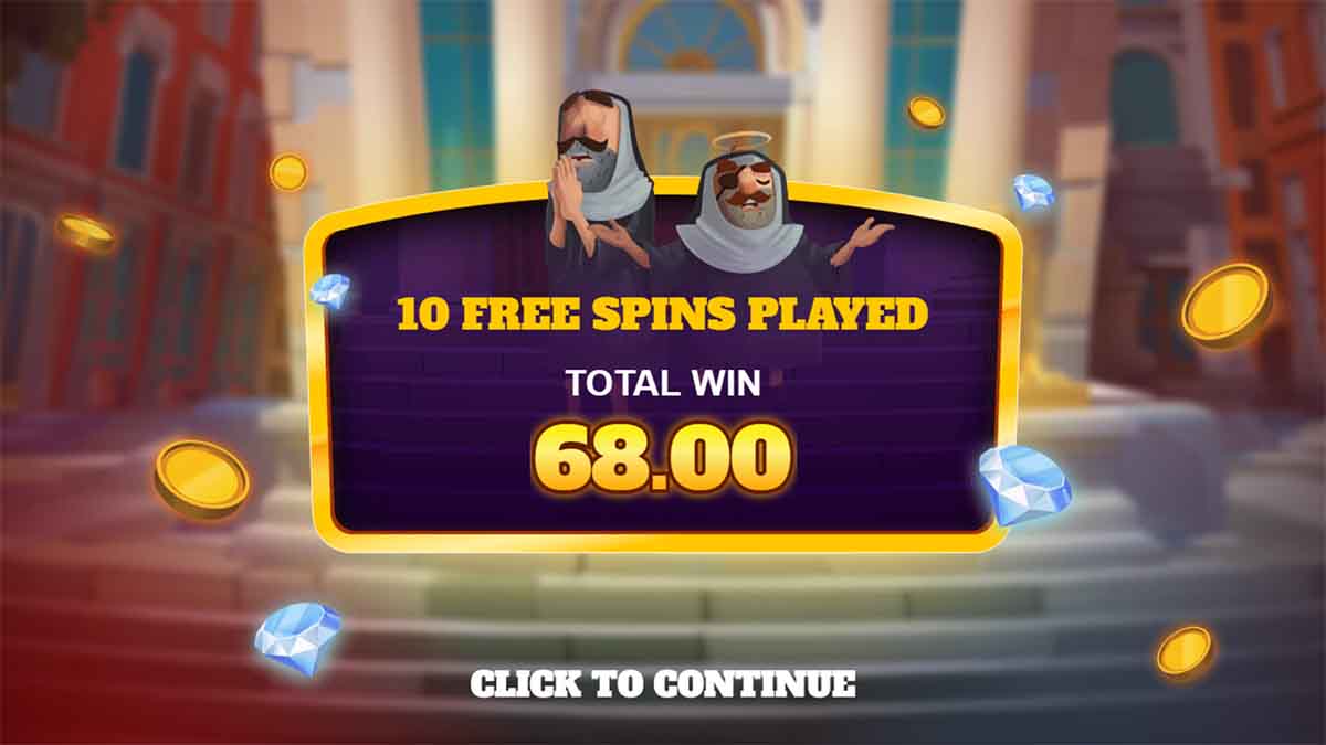 Holy Heist slot game by Bullshark Games, showing Total Win of 68.00 from Free Spins