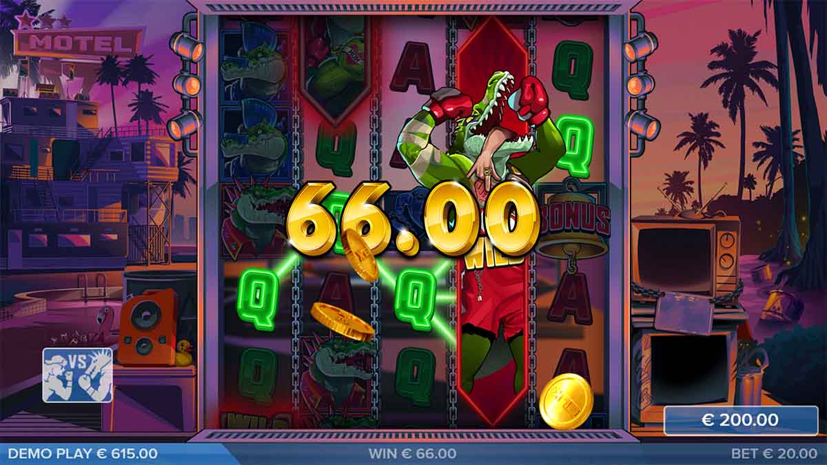 Man vs Gator slot game by ELK Studios, showing Win of 66.00