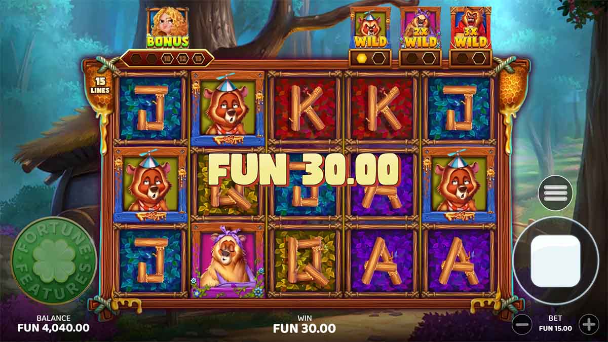 The 3 Bears slot game by Four Leaf Gaming, showin Win of 30,00