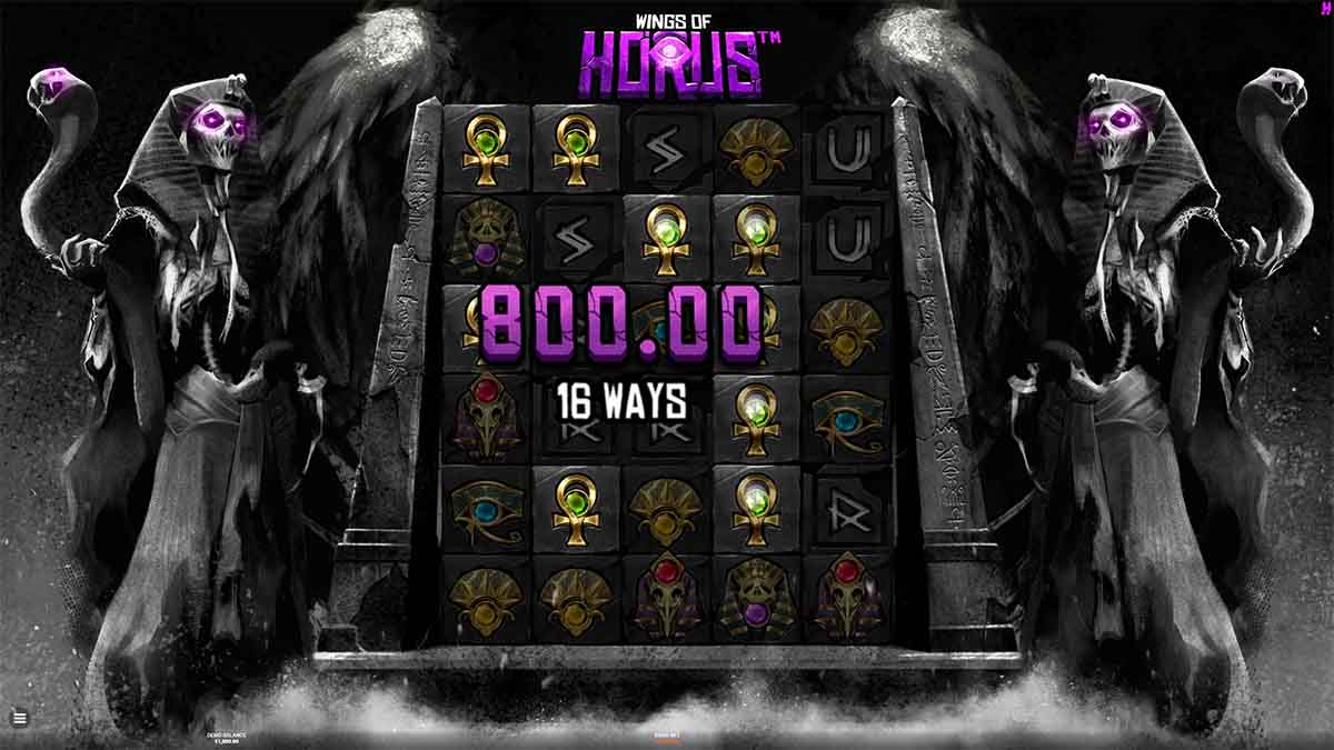 Wings of Horus slot game by Hacksaw Gaming, showing Win of 800.00