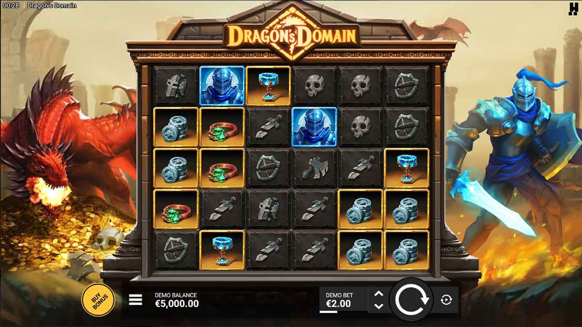 Dragon's Domain slot game by Hacksaw Gaming, base game view