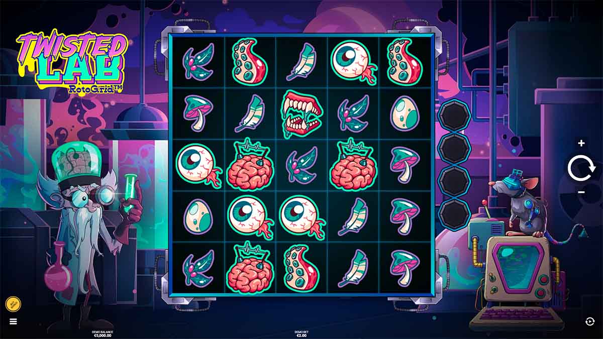 Twisted Lab RotoGrid slot game by Hacksaw Gaming, Base Game view