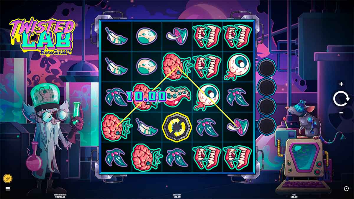 Twisted Lab RotoGrid slot game by Hacksaw Gaming, showing Win of 10.00