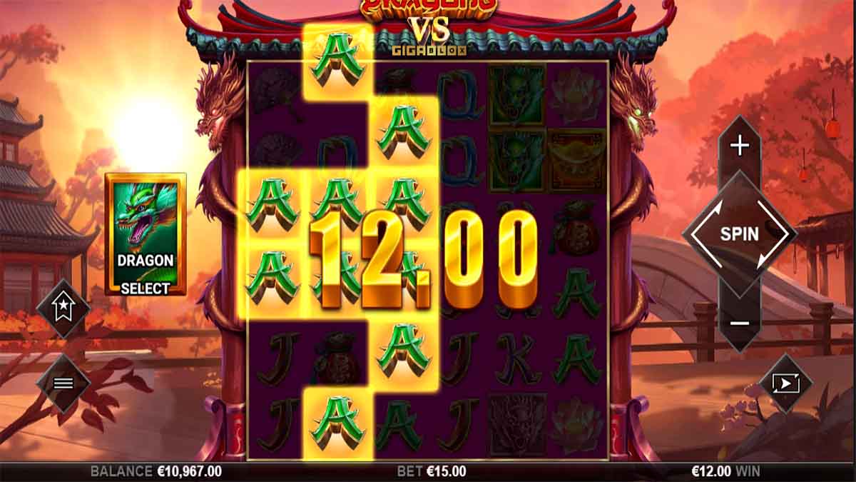 Dragons vs GigaBlox slot game by Hot Rise Games, showing Win of 12.00