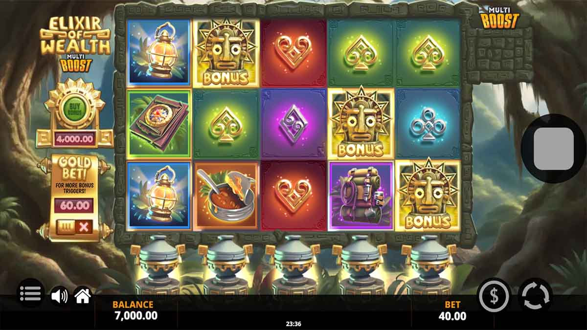 Elixir of Wealth slot game by Jelly, showing Bonus