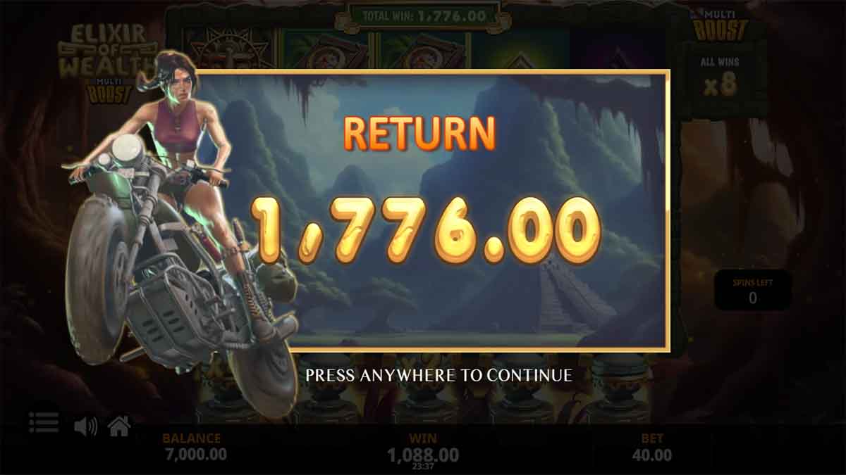 Elixir of Wealth slot game by Jelly, showing Total Win 1,776