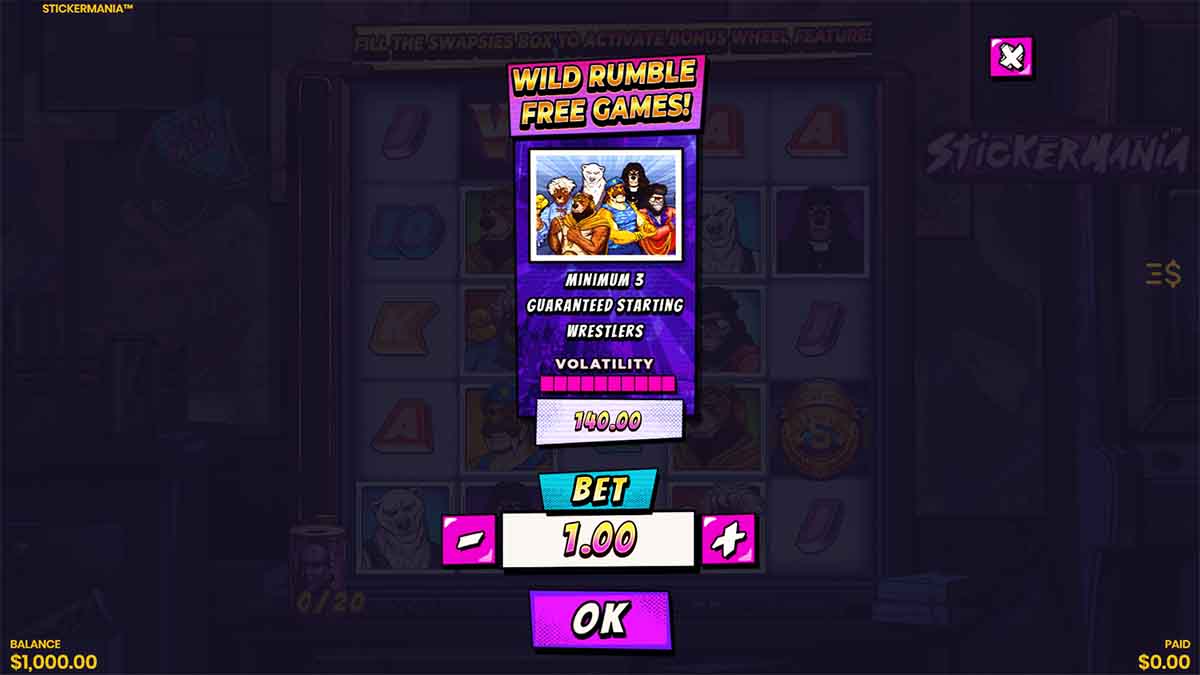 Stickermania slot game by Lucksome, featuring Buy Wild Rumble Free Games