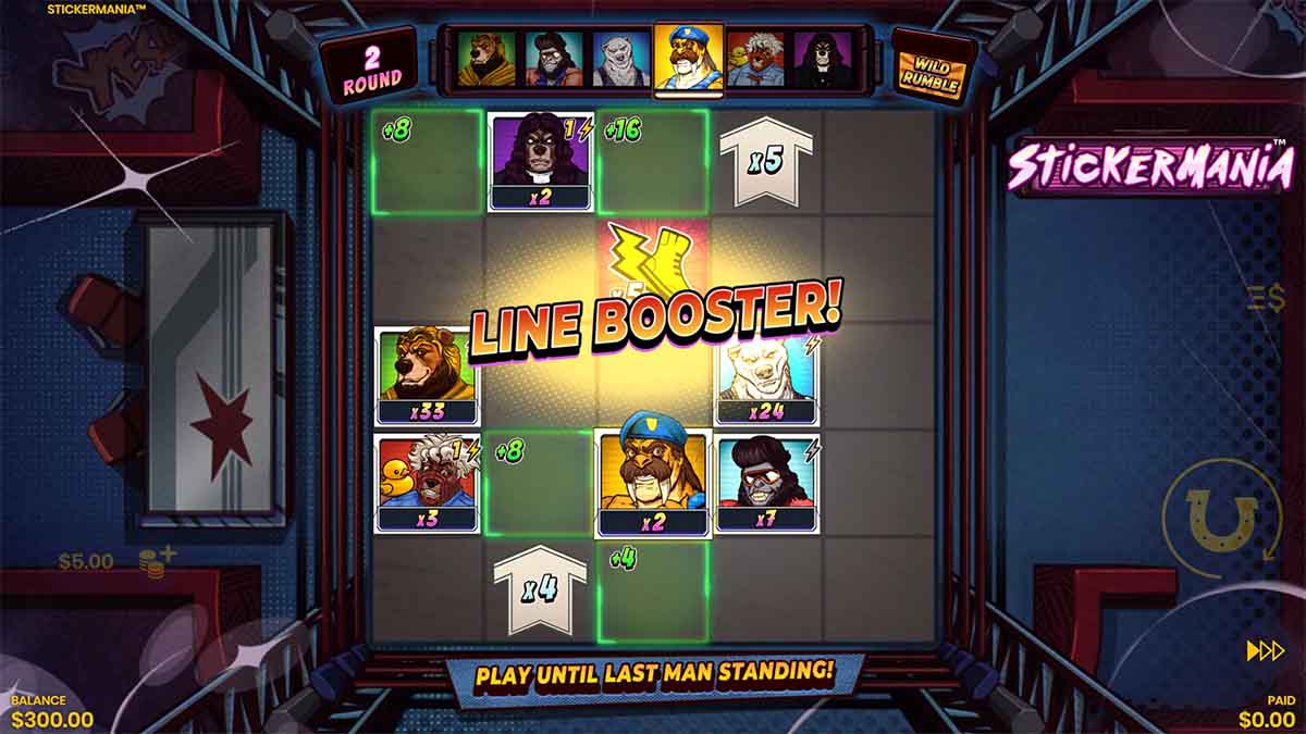 Stickermania slot game by Lucksome, showing Line Booster