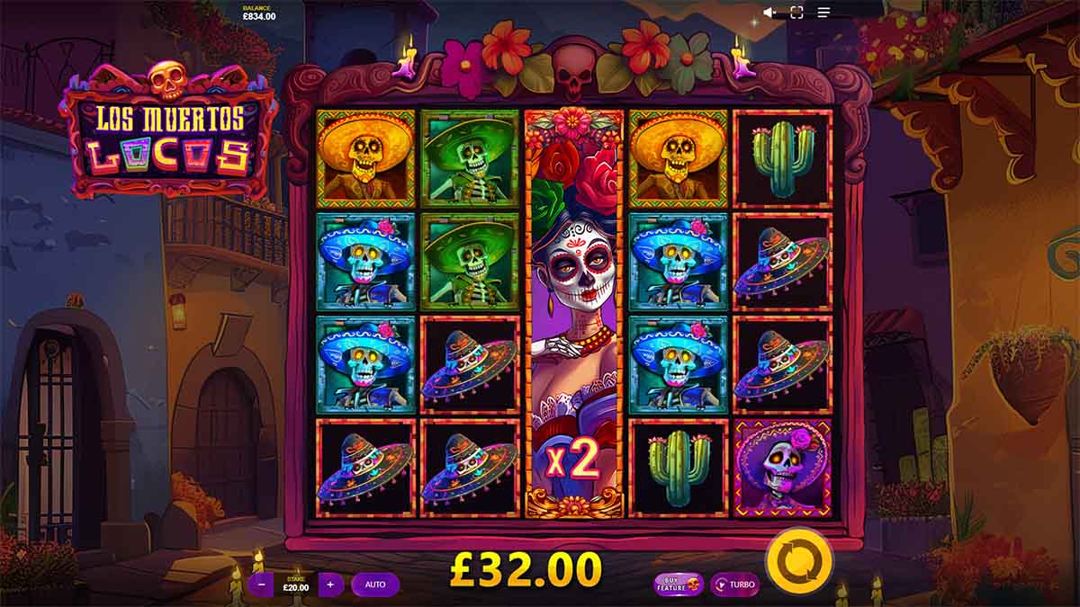 Los Muertos Locos slot game by Max Win Gaming, showing Win of 32.00