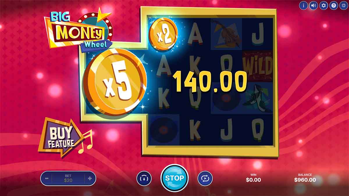 Big Money Wheel slot game by NetEnt, showing Win of 140.00