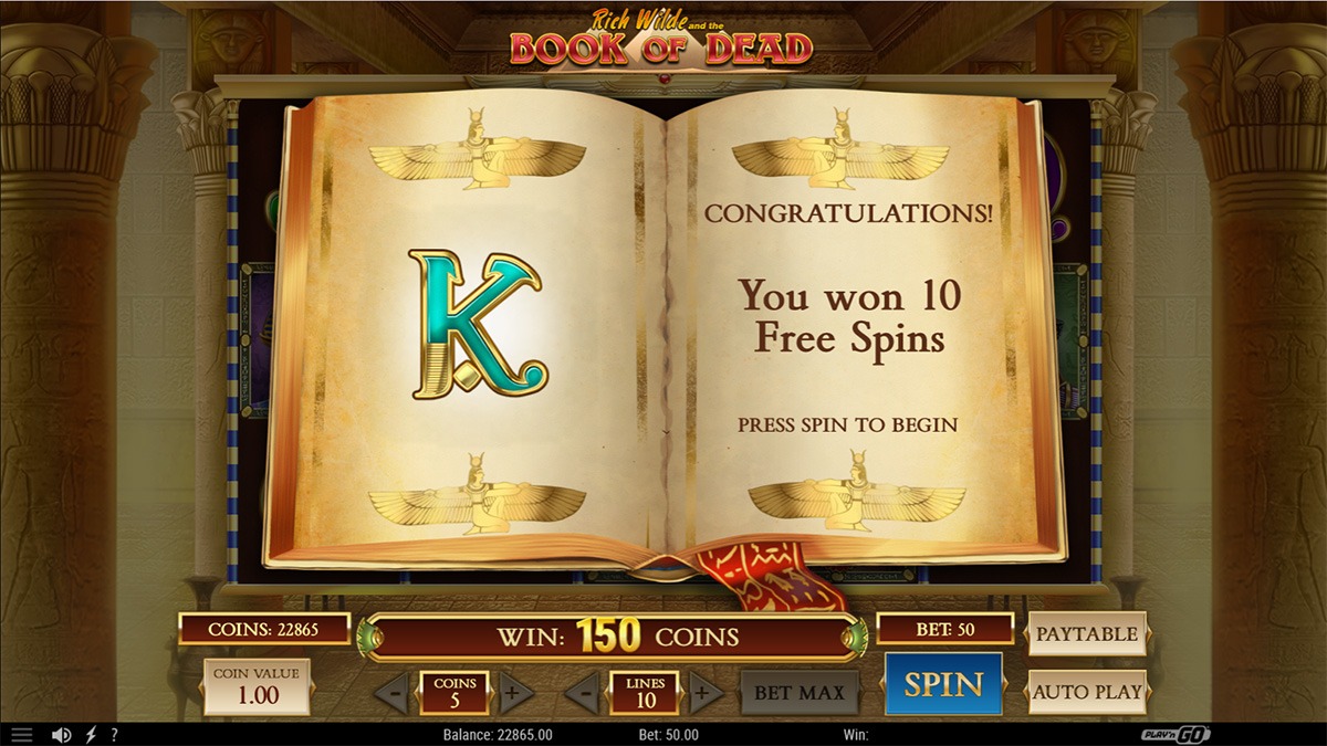 Book of Dead slot game by Netent, 10 free spins