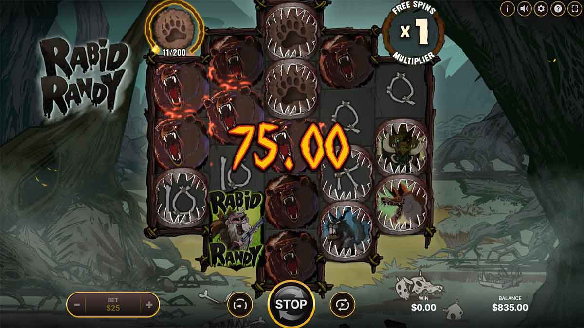 Rabid Randy slot game by NetEnt, showing Win of 75.00