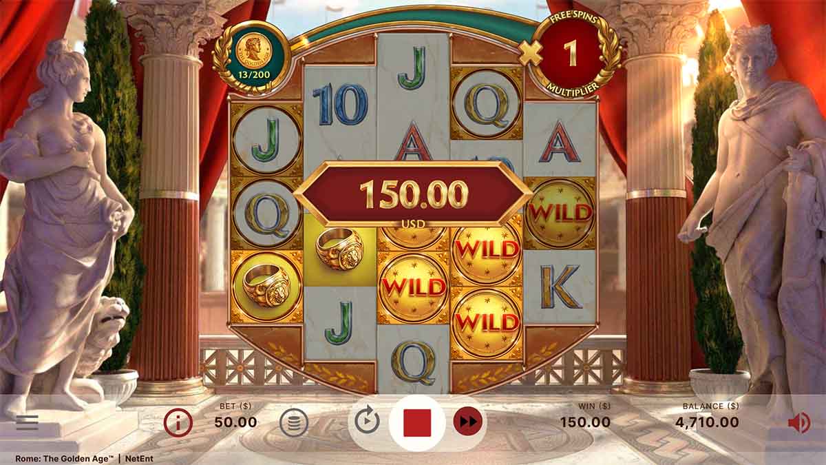 Rome The Golden Age slot game by NetEnt, showing Win of 150.00