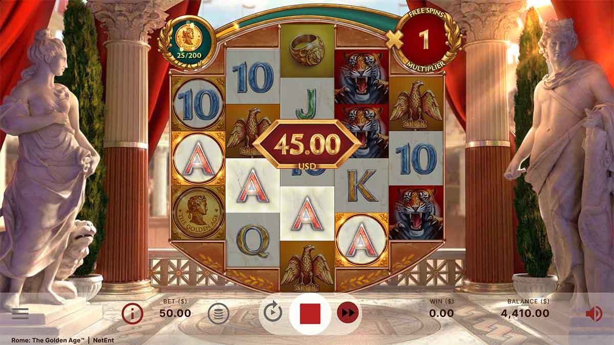 Rome The Golden Age slot game by NetEnt, showing Win of 45.00