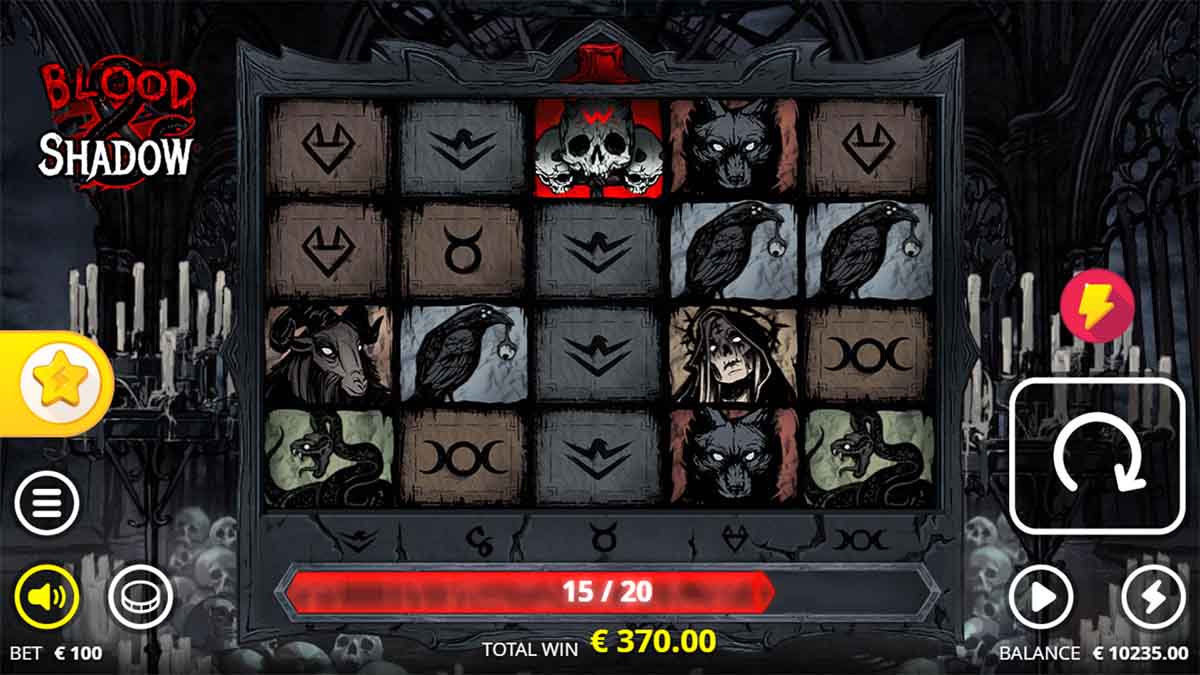 Blood & Shadow slot game by Nolimit City, showing Total Win of 370.00