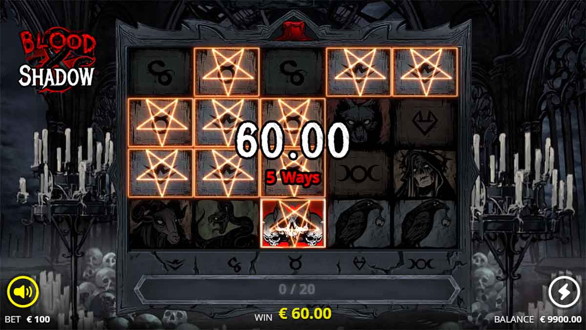 Blood & Shadow slot game by Nolimit City, showing Win of 60.00