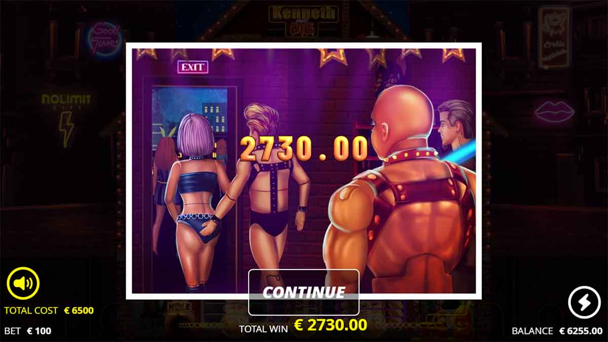 Kenneth Must Die slot game by Nolimit City, showing Total Win of 2,730 from Free Spins