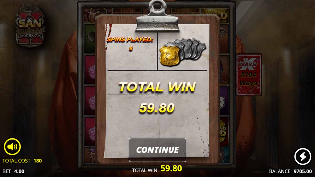 San Quentin 2 Death Row slot game by Nolimit City, showing Total Win of 59.80