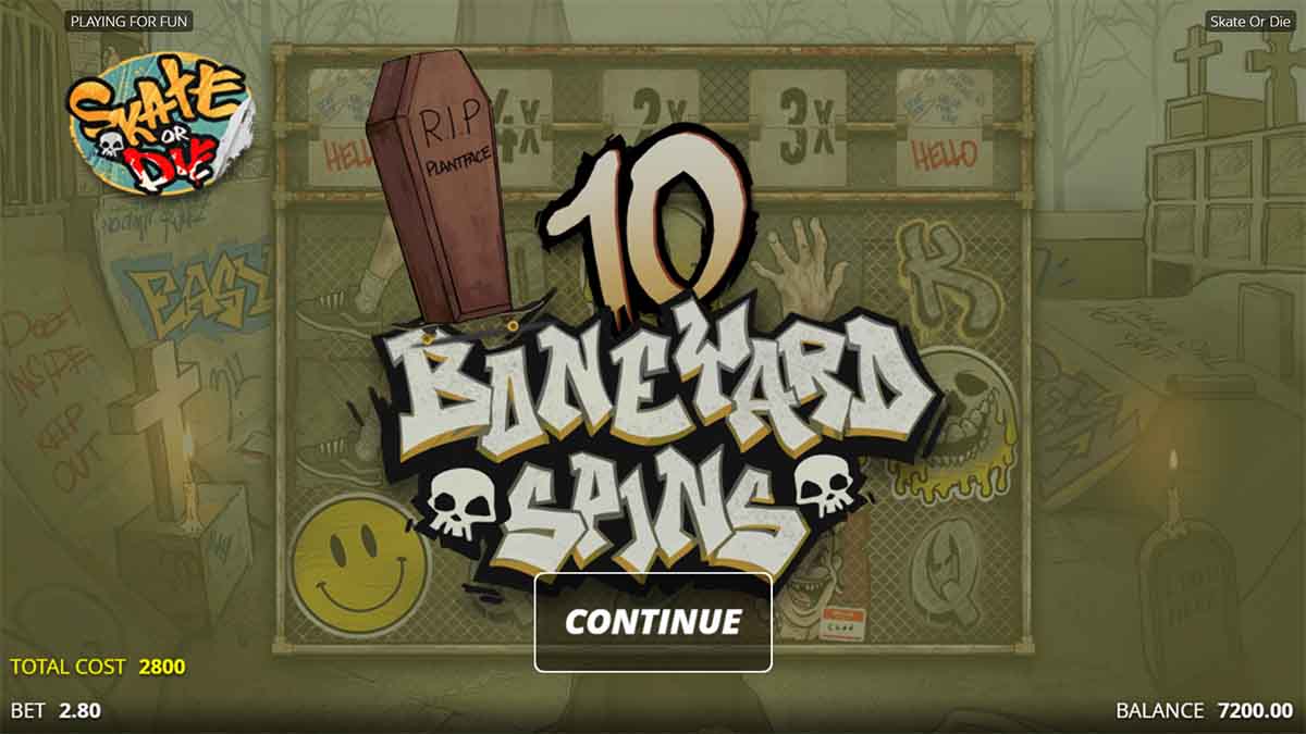 Skate or Die slot game by Nolimit City showing win of 10 Free Spins