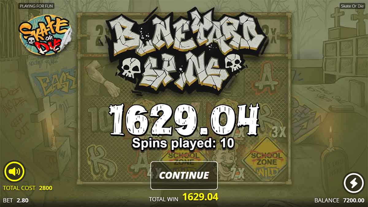 Skate or Die slot game by Nolimit City showing a win of €1,629.04 during 10 Free Spins