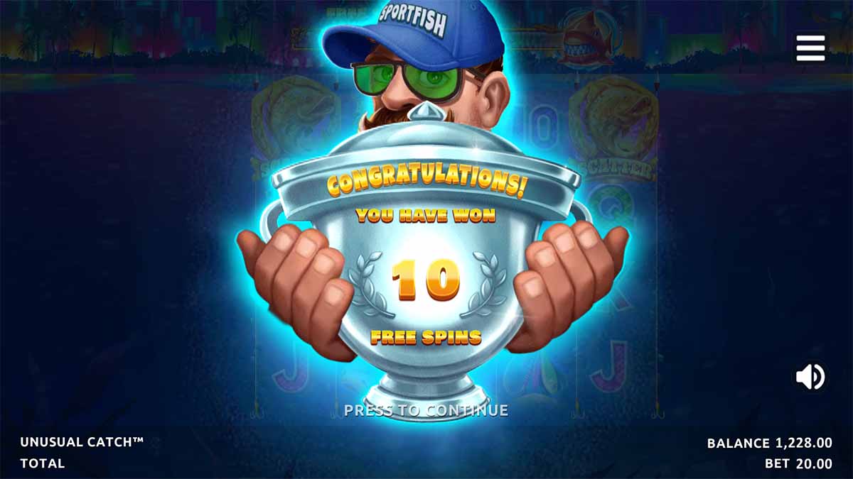 Unusual Catch Win slot game by Northern Lights Gaming, showing 10 Free Spins