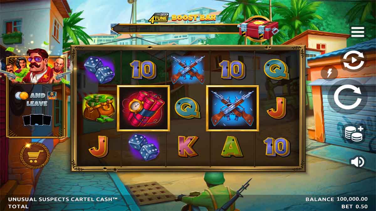 Unusual Suspects Cartel Cash slot game by Northern Lights Gaming, Base Game view