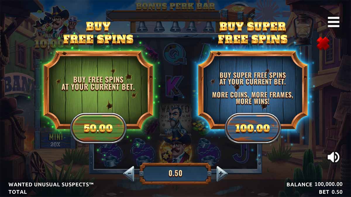 Wanted Unusual Suspects slot game by Northern Lights Gaming, featuring Buy Free Spins