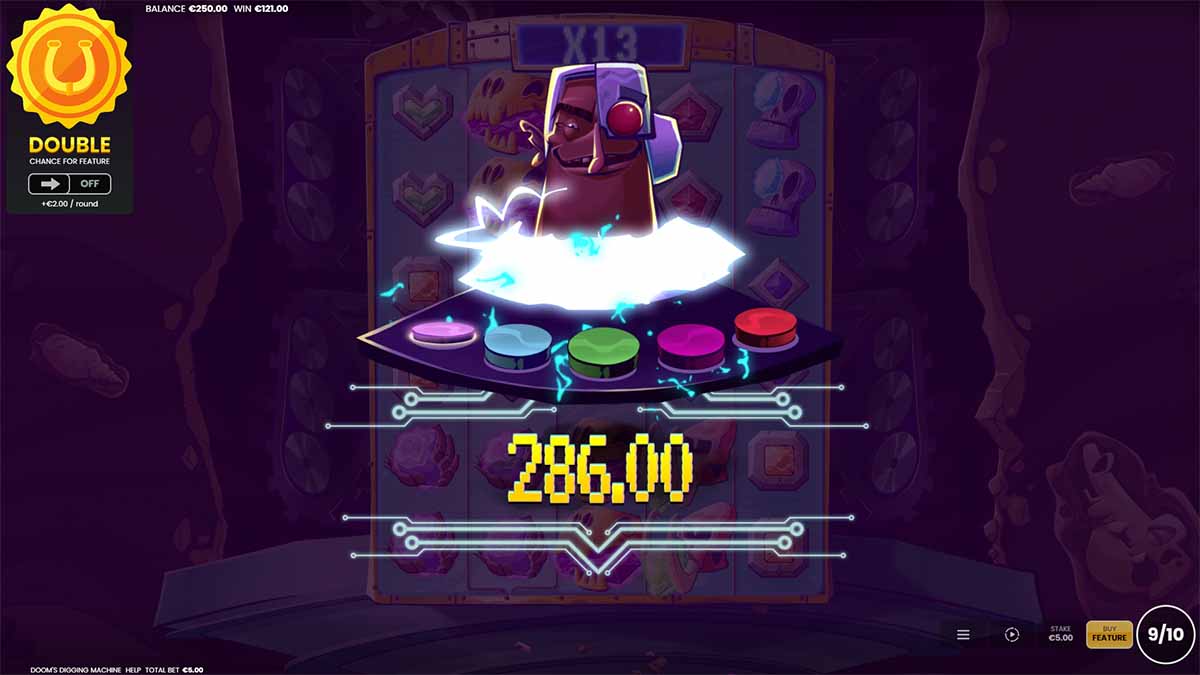 Doom's Digging Machine slot game by Octoplay, showing Win of 286.00 from Free Spins