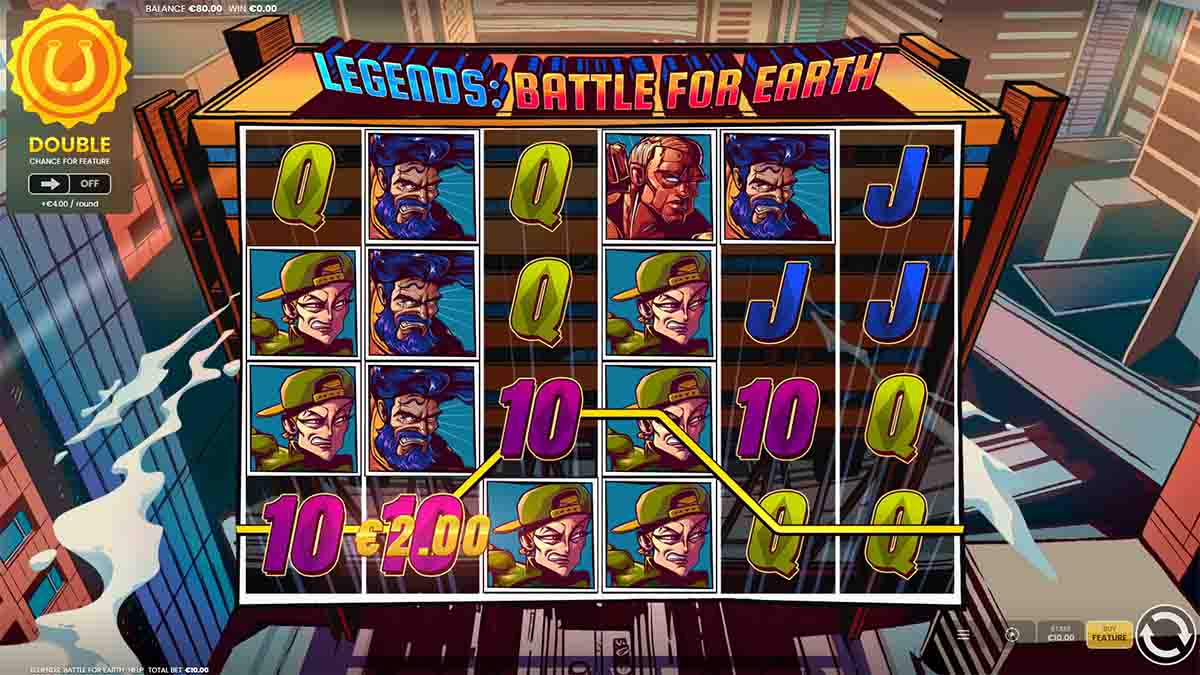 Legends Battle Of Earth slot game by Octoplay, showing Win of 2.00